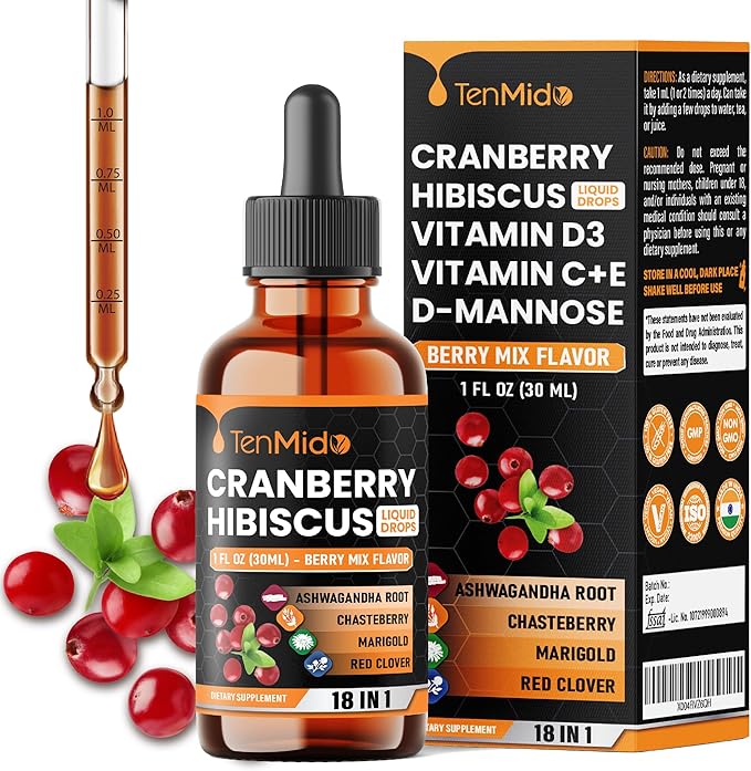 Cranberry Extract Liquid for Women - 18in1 with D-Mannose & Probiotics, Hibiscus, Chasteberry, Ashwagandha, Marigold, Red Clover, Dong Quai and More - 1 Fl Oz