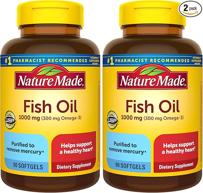 Nature Made Fish Oil Omega 3 Supplements, 1000 mg Softgels, Omega 3 Fish Oil for Healthy Heart Support, 90 Softgels, 45 Day Supply (Pack of 2)
