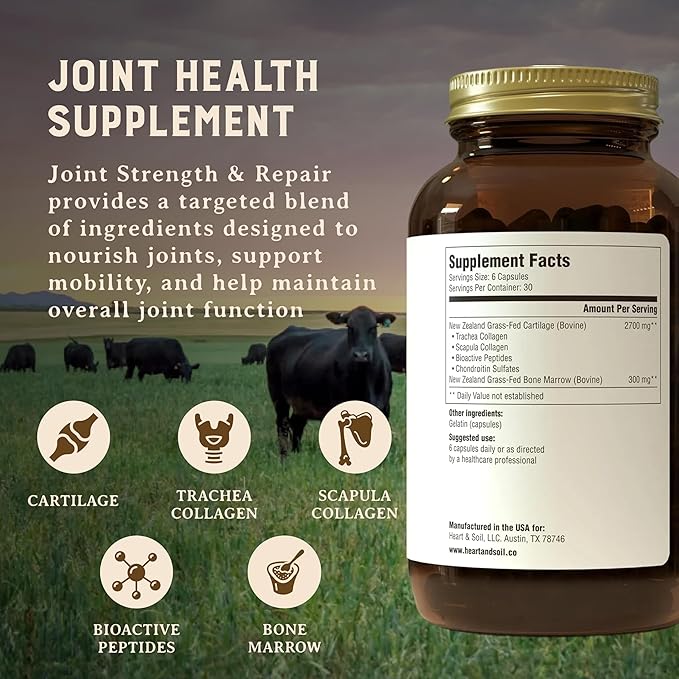 Heart & Soil 100% Grass Fed & Finished Joint Support Supplement from Regenerative Cattle with Trachea, Scapula & Bone Marrow – Supports Joint Strength & Mobility – 3000mg – Glass Bottle – 180 Capsules
