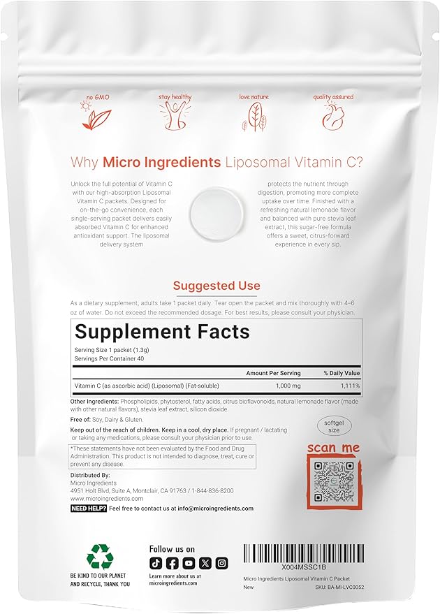 Micro Ingredients 1,000mg Vitamin C Powder for Daily Use | Liposomal Fat-Soluble Form for Better Absorption | Sugar-Free Lemonade Drink Mix | 40 Travel Packets, Fast-Dissolving