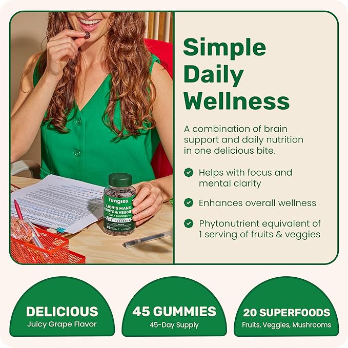 Fungies Lion's Mane Mushroom Gummies with Fruits & Veggies Superfood Blend, Juicy Grape Flavor - Mushroom Herbal Supplement Gummy for Adults & Children - Brain Health & Daily Wellness - 45 Servings