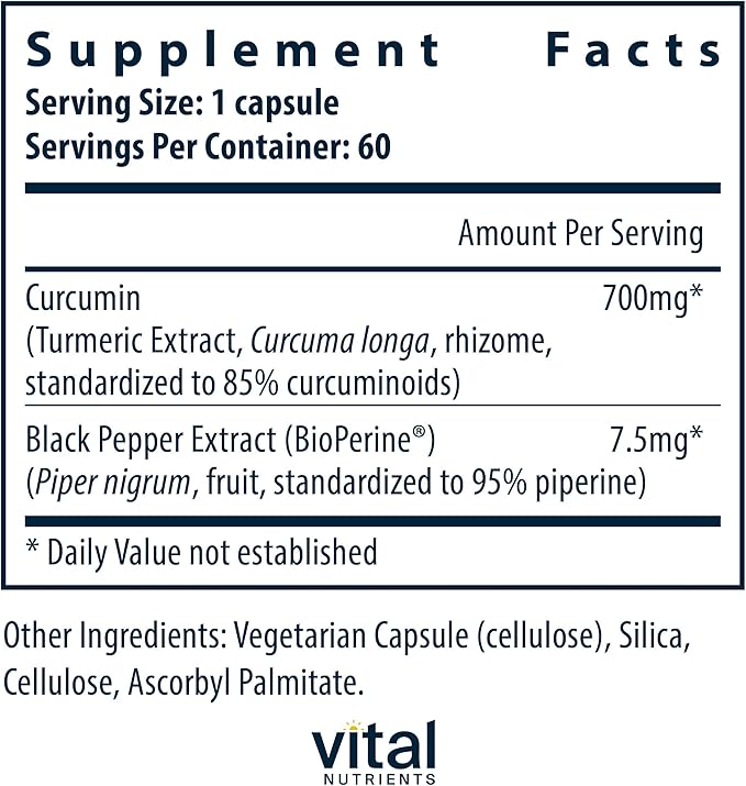 Vital Nutrients Curcumin Extract 700mg - Vegan Curcumin Supplements with Black Pepper Extract - Antioxidant Support for Joint, Liver, and Cellular Health* - Gluten, Dairy, Soy Free - 60 Capsules