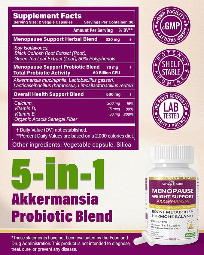 Menopause Supplements for Women 60 Billion with Akkermansia Probiotic & Prebiotic, Vitamin D & E for Hormone Balance, Metabolism, Gut Health Hot Flashes & Night Sweats - Non-GMO | 60 Caps