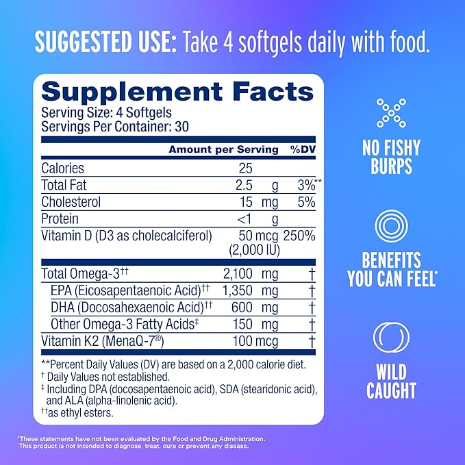 Oceanblue Professional Omega-3 2100 with Vitamin K2 and Vitamin D3-60 Count - Triple Strength Burpless Fish Oil Omega-3 Supplement with EPA, DHA & DPA - Wild Caught - Orange Flavor, 30 Servings