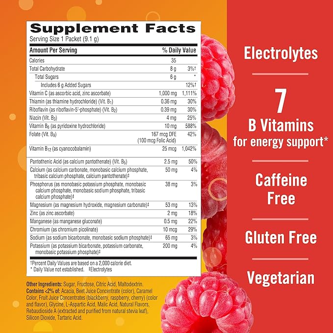 Emergen-C 1000mg Vitamin C Powder, with Antioxidants, B Vitamins and Electrolytes, Vitamin C Supplements for Immune Support, Caffeine Free Drink Mix, Raspberry Flavor - 60 Count/2 Month Supply