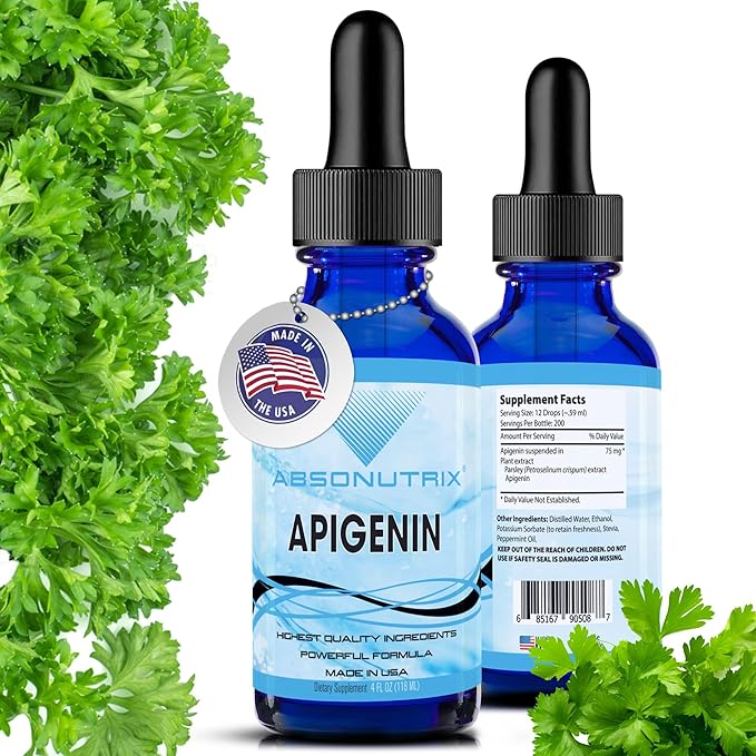 Absonutrix Apigenin 75 mg per Serving, 4 Fl Oz Bottle, 200 Potent Servings, Made in USA, Quick Absorption, Quality Potent Ingredients, Non-GMO, GMP Certified Facility, Cruelty-Free Products