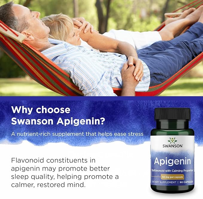 Swanson Apigenin Bioflavonoid Supplement for Adults Seeking Natural Sleep, Relaxation, and Stress Relief Support - 50 mg (90 Vegan Capsules, 2 Pack)