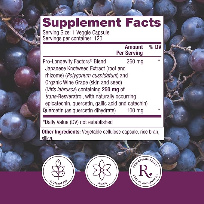Reserveage Beauty Resveratrol 250 mg - Best Trans-Resveratrol - Vegan Antioxidant Supplement for Cellular & Heart Health - Aids Healthy Aging & Immune Health - 120 Capsules