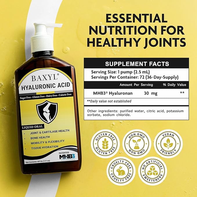 BAXYL Liquid Hyaluronic Acid Supplement for Joint Health, 3 Bottles of 6 Oz - Patented MHB3 Formula for Bone, Skin, Eye Health & to Restore Cartilage - Vegan, Gluten-Free, Non-GMO for Comfort