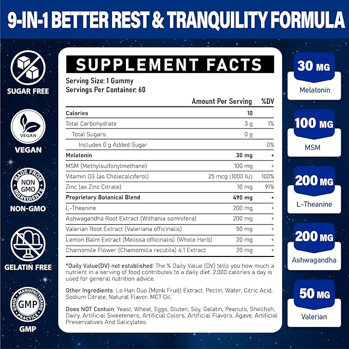 Melatonin Gummies 30mg for Adults: Maximum Strength Melatonin Supplement with L-Theanine, Ashwagandha, MSM, Vitamin D3 & Zinc - Non-Habit Forming, Natural Mixed Berry Flavor 60 Count (Pack of 1)