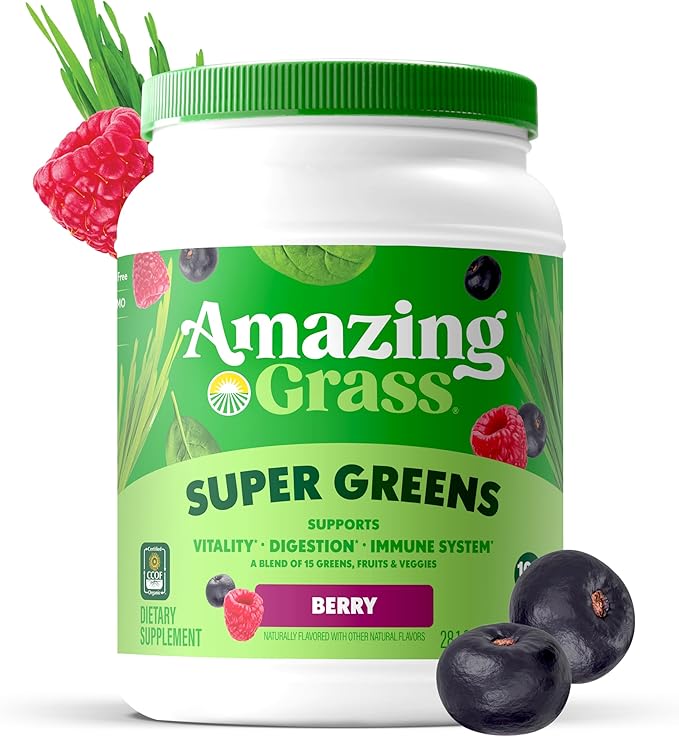Amazing Grass Greens Blend Superfood: Super Greens Powder with Spirulina, Chlorella, Beet Root Powder, Digestive Enzymes, Prebiotics & Probiotics, Berry, 100 Servings (Packaging May Vary)