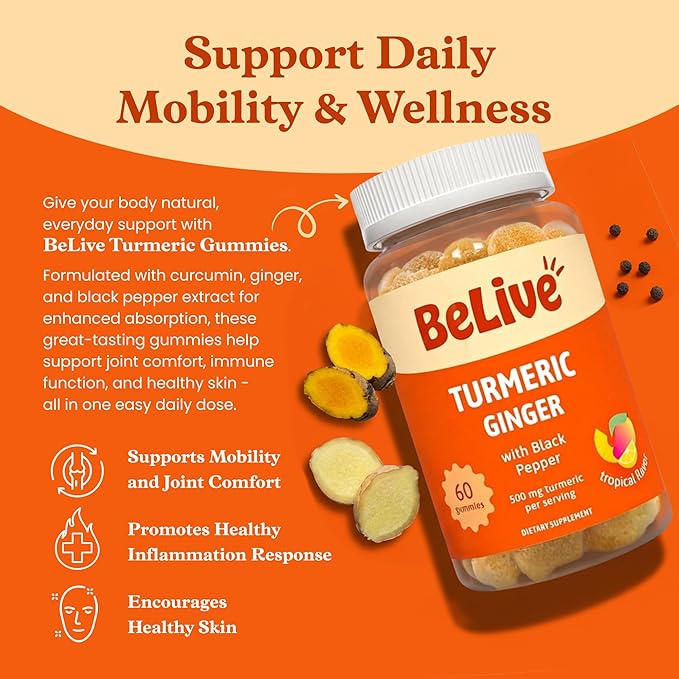 BeLive Turmeric and Ginger Gummies - 500mg - Joint and Mobility Support Supplement - Curcumin with Black Pepper for Enhanced Absorption - Tropical Flavor - 2 Pack, 120 Count