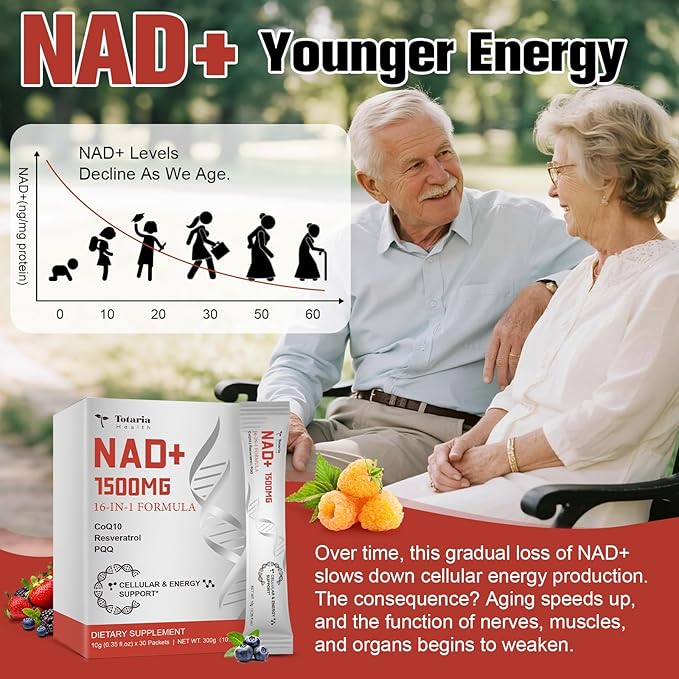Totaria 16-in-1 NAD Liquid Supplement 1500mg for Men & Women, Extra Strength NAD+ with NMN Precursor, Resveratrol, PQQ, CoQ10, Supports Anti Aging, Energy, Immune, Focus (30 Packets) 1 Months Supply