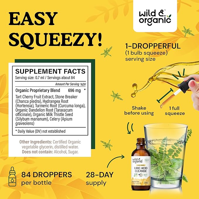 Wild & Organic Uric Acid Cleanse Drops - Tart Cherry, Turmeric, Chanca Piedra Stone Breaker Complex for Kidney Cleanse - Uric Acid Support Supplement - Vegan, Sugar & Alcohol-Free Tincture - 2 oz