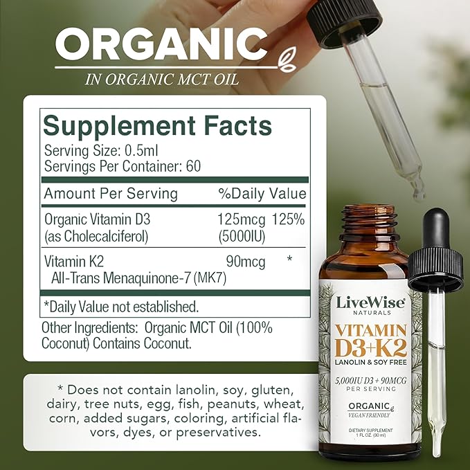 Vegan D3 K2 Vitamin 5000 IU, 90 MCG (MK-7) Drops - 60 Servings, Ultra Concentrated Formulation, and Fast Absorption - Precision Micro-Dosing Dropper for Cognitive & Immune Support