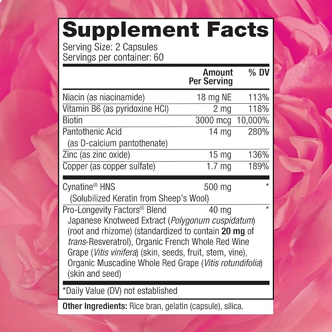 Reserveage Beauty Keratin Hair Booster with Biotin & Resveratrol - Hair & Nail Growth Supplement for Women - Supports Healthy Thickness & Shine with Biotin - 120 Capsules (60 Servings)