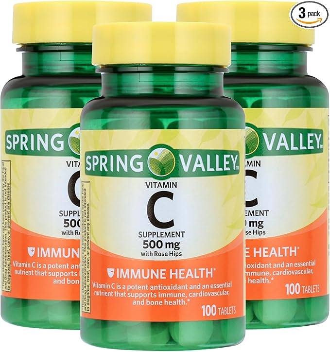 Vitamin C 500mg with Rose HIPS – 100 Tablets, Vegan Vitamin C Supplement for Men and Women, Gluten Free, Daily Vitamina C Natural Antioxidant Support (Pack of 3)