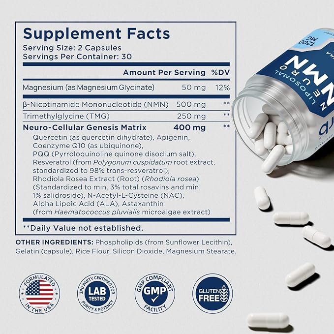 NMN Supplement Liposomal Neuro NMN with Resveratrol, TMG, Quercetin, CoQ10, Rhodiola, NAC, Astaxanthin & Magnesium NAD+ Precursor Supports Brain Cellular Energy & NAD+ Levels | 60 Delayed Release Caps