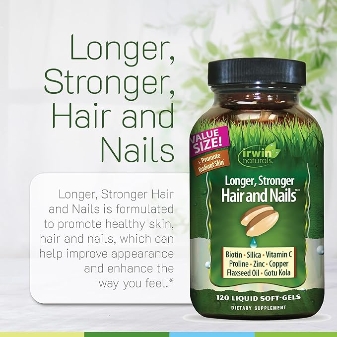 Irwin Naturals Longer, Stronger Hair and Nails - 120 Liquid Softgels - Promotes Vibrant Shine Texture & Strength - 60 Total Servings