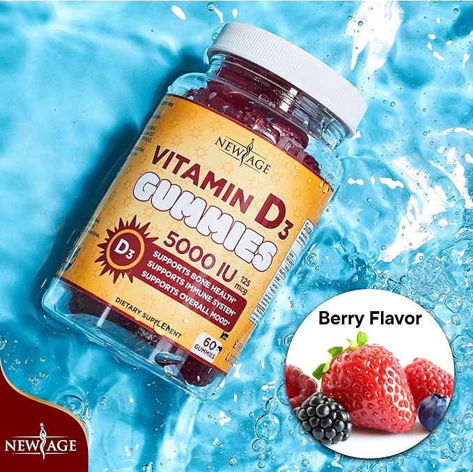 NEW AGE Vitamin D3 5000 IU 125mcg Gummies - Immune Supplement - Non-GMO, Gluten-Free, Dairy-Free, No Gelatin (120 Gummies (Pack of 2))