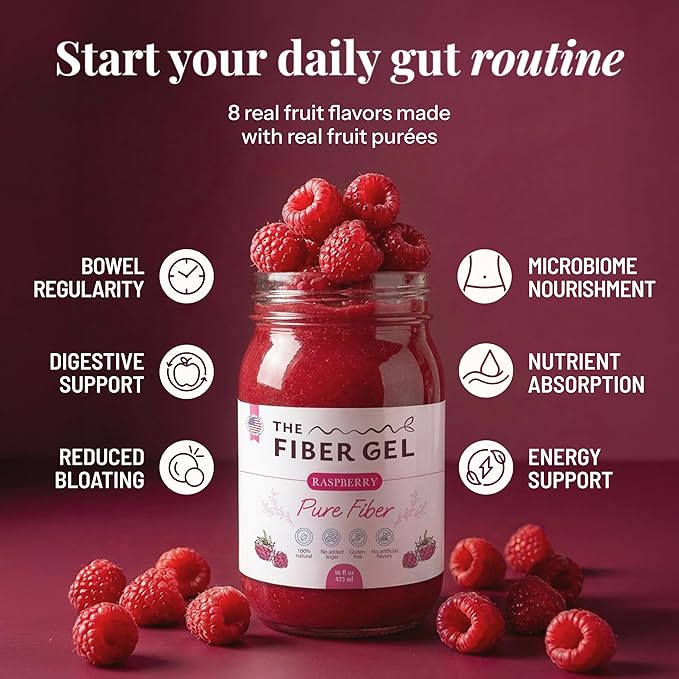 The Fiber Gel High Dietary Fiber Prebiotic Gel Formula — 100% Natural & Clean Label — Plant-Based Psyllium Husk & Inulin Complex — Keto Friendly, Vegan, No Added Sugar — Raspberry, 16 oz