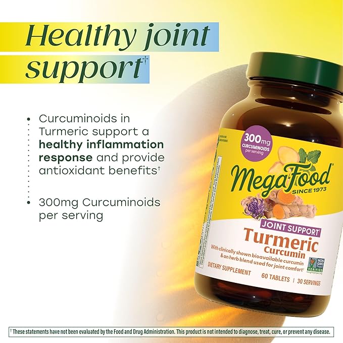 MegaFood Turmeric Curcumin Supplement - Joint Support Supplement, Turmeric Curcumin with Black Pepper, Boswellia Extract & Ginger Root, Vegan, Non-GMO, 60 Tablets (30 Servings)