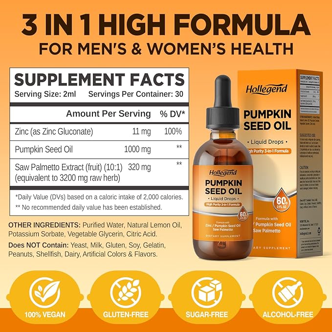 Pumpkin Seed Oil - DHT Blocker for Men Women Hair Growth, Organic Pumpkin Seed Extract with Saw Palmetto for Prostate & Urinary Health, Cold Pressed Supplements Liquid Drops, Lemon, Vegan, 2 Fl Oz