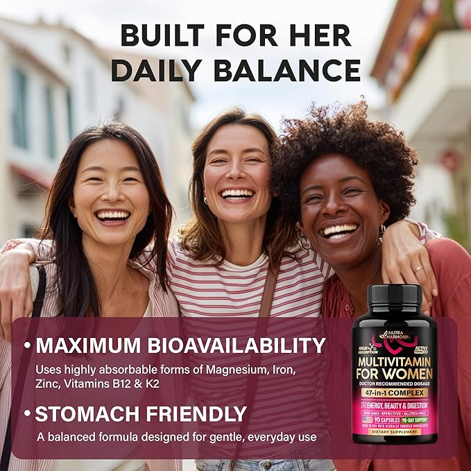 Multivitamin for Women - B-Complex | Whole Foods | Hair Growth Support | Digestion & Metabolism | Iron - 47in1 Womens Multivitamin - Bioavailable & Gentle on Stomach - Made in USA - 90 Capsules