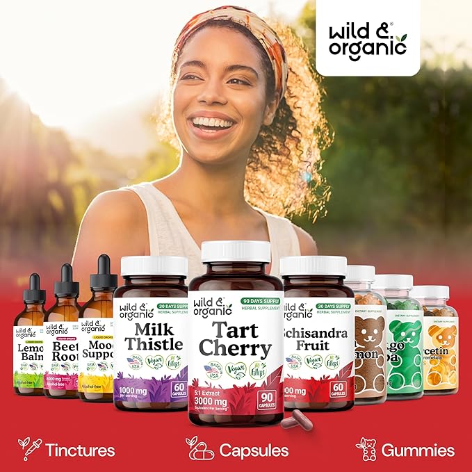 Wild & Organic Tart Cherry Capsules 600 mg - Uric Acid Support - Tart Cherry Extract Supplement - Prunus Cerasus Fruit Powder - 90 Days of Supply - Vegan, No Fillers, Non-GMO - 90 Count