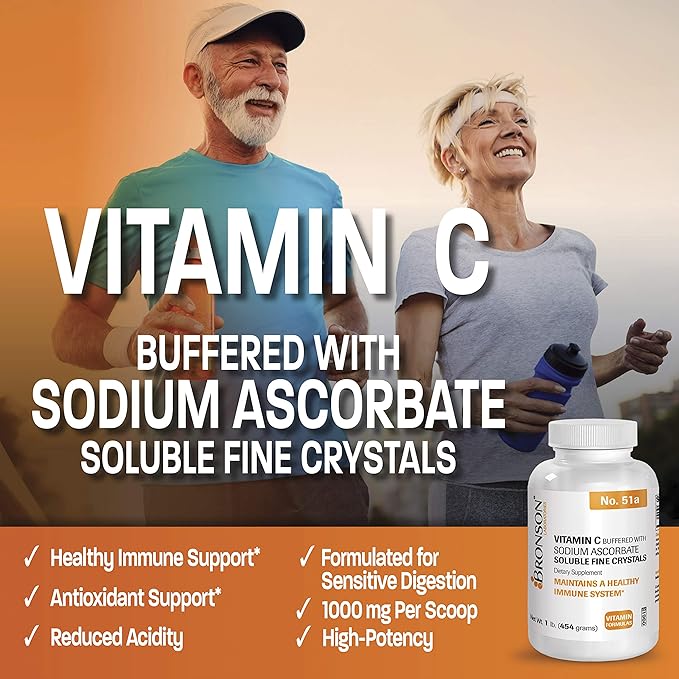 Bronson Buffered Vitamin C Powder Ascorbic Acid Buffered with Sodium Ascorbate Soluble Fine Crystals – Promotes Healthy Immune System and Cell Protection – Powerful Antioxidant - 1 Pound (16 Ounces)