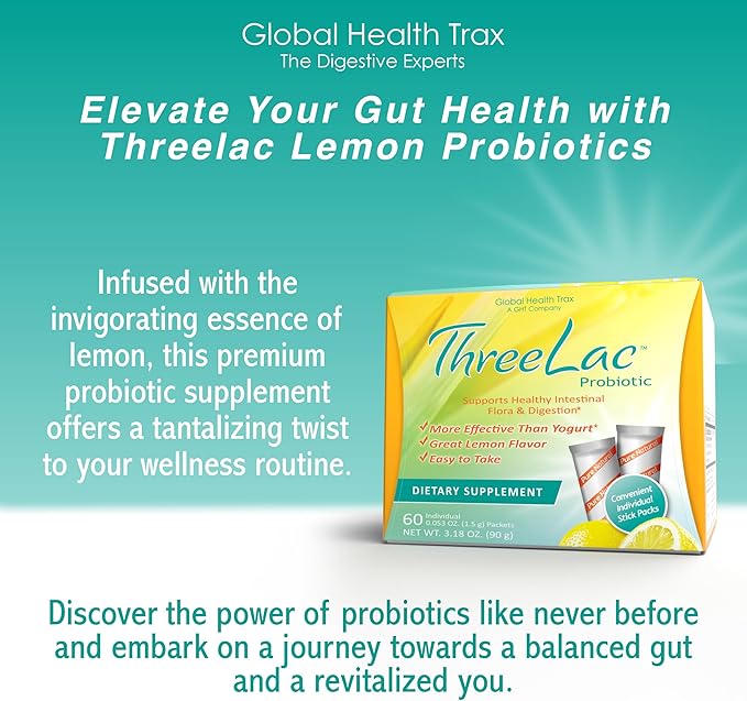 Global Health Trax GHT - ThreeLac Lemon Probiotic Drink Mix for Digestive Health - Advanced Probiotic Powder Formula for Men, Women & Kids - Immune Support & Gut Balance, Non-GMO - 60 Packets