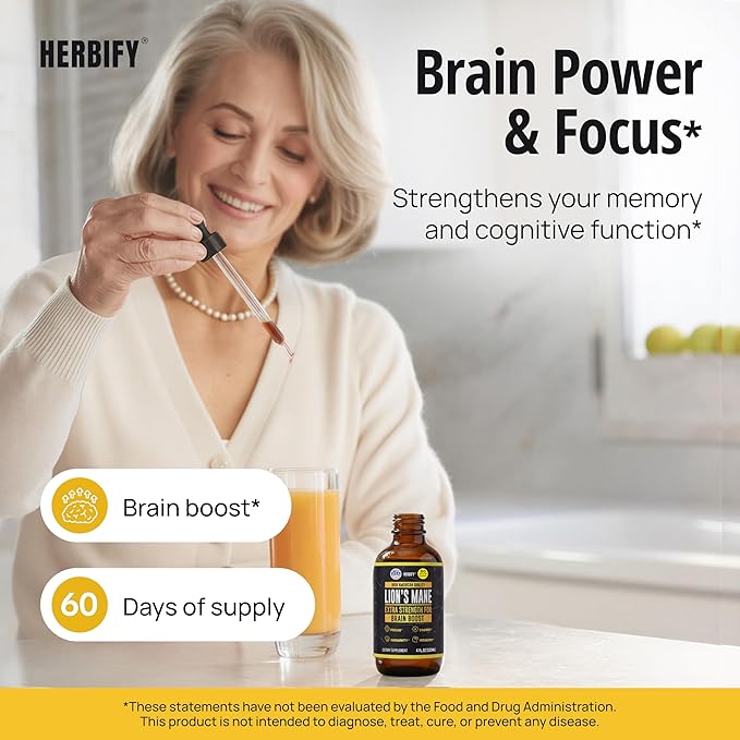 HERBIFY Lions Mane Supplement - Daily Mushroom Supplement for Memory, Focus & Clarity - Brain Booster - Lions Mane Tincture for Immune Support - 4 Fl oz