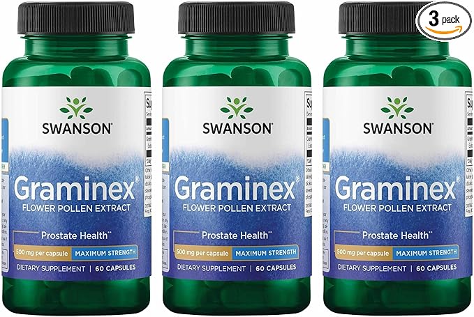 Swanson Maximum Strength Graminex Flower Pollen Extract - Supports Prostate Health, Urinary Tract Function, and Kidney Health - Mens Health Supplement - (60 Capsules, 500mg Each) (3 Pack)