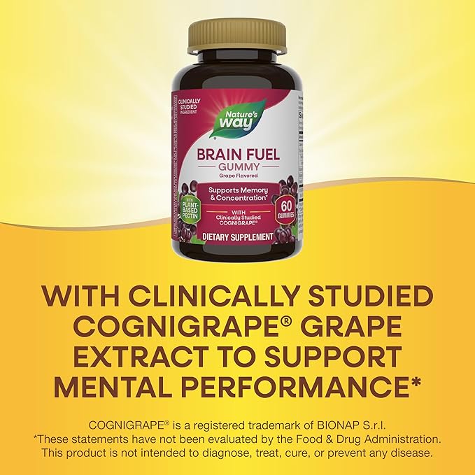 Nature's Way Brain Fuel, Supports Memory and Concentration*, Brain Function Support Supplement*, Clinically Studied Cognigrape®, Grape Flavored, 60 Gummies,(Pack of 2)