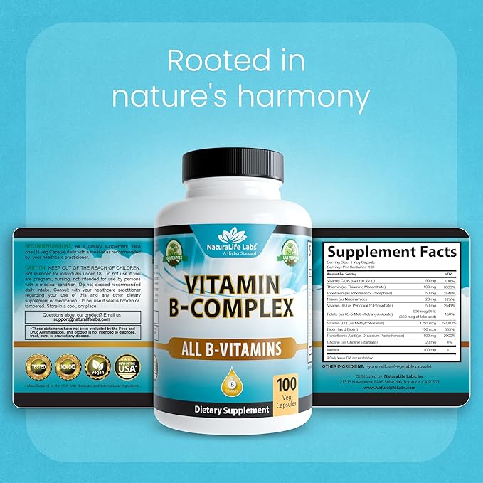 NaturaLife Labs Vitamin B-Complex with Vitamin C – Includes Active B2 (Riboflavin-5-Phosphate), B6 (Pyridoxal-5-Phosphate), B9 (5-MTHF) and B12 (Methylcobalamin); plus B1, B3, B5 and B7 – 100 Capsules