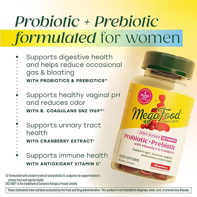 MegaFood Women’s Probiotic + Prebiotic Gummies - Zero Sugar Prebiotics and Probiotics for Women - Vitamin C & Cranberry - Supports Immune, Vaginal & Gut Health - 60 Vegan Berry Gummies, 30 Servings