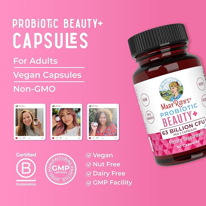 MaryRuth Organics Probiotic Beauty Capsules | Vegan Collagen Support | Anti Aging | Gut Health | Hair Skin and Nails Vitamins | Skin Care | Biotin | Non-GMO Project Verified | 60 Count (Pack of 2)