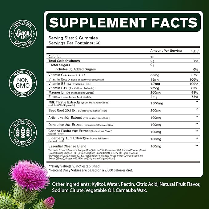 Liver Cleanse Detox & Repair - Sugar Free & Vegan Gummies, Milk Thistle Liver Detox Supplement, Supports Liver Detox, Ginger Root, Choline & Dandelion Root, Silymarin Infused, 120 Gummies