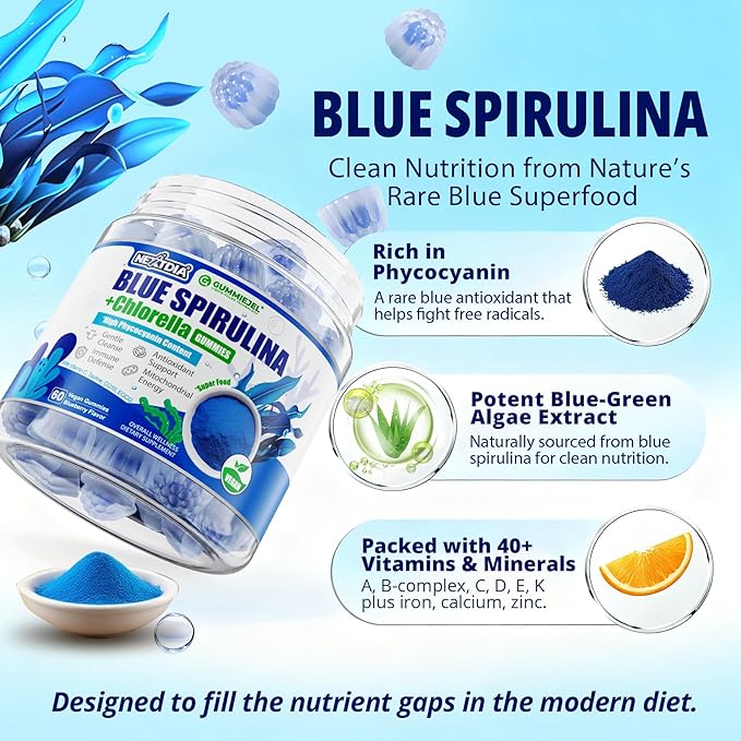 Organic Blue Spirulina Gummies, High Phycocyanin from Nutrient-Rich Blue-Green Algae for Antioxidants, Cellular Energy & Cleanse, Superfood w/Chlorella, CoQ10 & VC,Taurine,Green Tea, Sugar Free, 60 Ct
