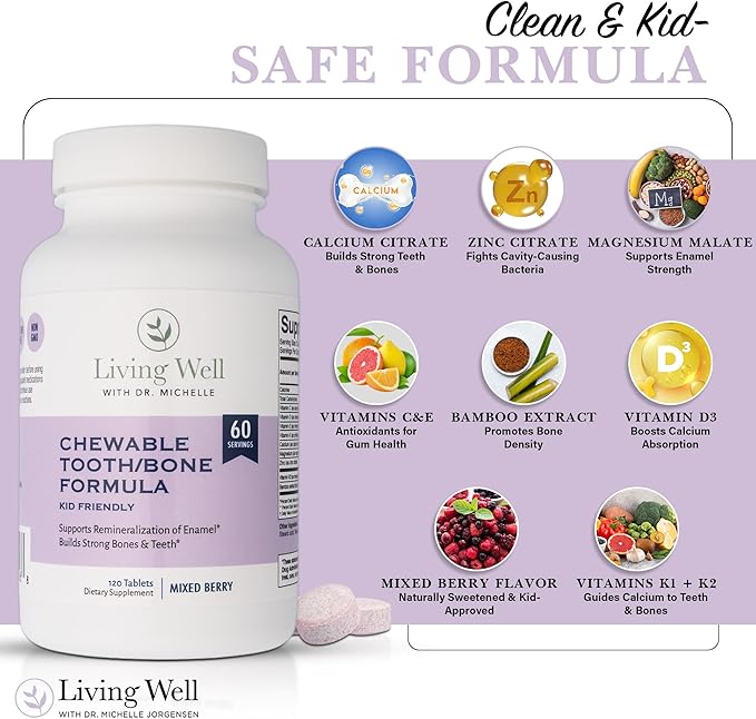Living Well Kids Calcium & Tooth Support – Chewable Bone Health Vitamins with D3 + K2, Magnesium & Zinc – Strong Teeth & Enamel Defense – Berry Flavor – Fluoride-Free, Non-GMO
