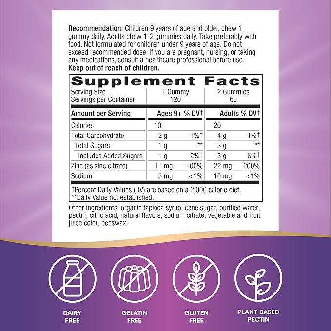 Nature's Way Zinc Gummies, Adult & Kids 9+ Immune Support Gummies*, 100% Daily Value per Serving, Mixed Berry Flavor, 120 Chews (Set of 2)