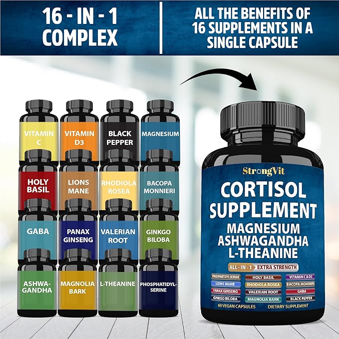 StrongVit Cortisol Supplements for Women and Men with Magnesium, Ashwagandha & L-Theanine. High Cortisol Reducer, Manager, Detox, Lower and Control. Sleep Support & Stress Relief, USA