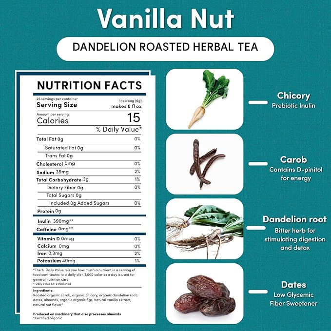 Teeccino Dandelion Herbal Tea - Vanilla Nut - Caffeine Free, Prebiotic, Gluten Free, 3x More Herbs - 25 Tea Bags