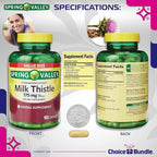 CHOICE BUNDLE Spring Valley Standardized Extract Milk Thistle Dietary Supplement Capsules 175 mg 180 Ct 4 pk (720 Total) + Vitamin Guide and Pill Container (6 Items)!
