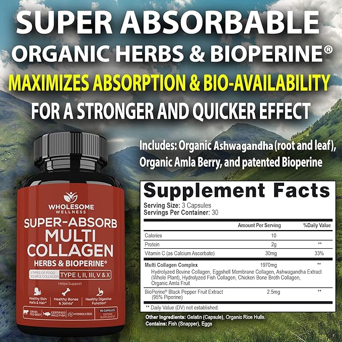 Wholesome Wellness Liposomal Vitamin C Capsules (200 Pills 1500mg Buffered) + Super-Absorb Multi Collagen Pills (Type I II III V X) Organic Herbs and Bioperine Bundle