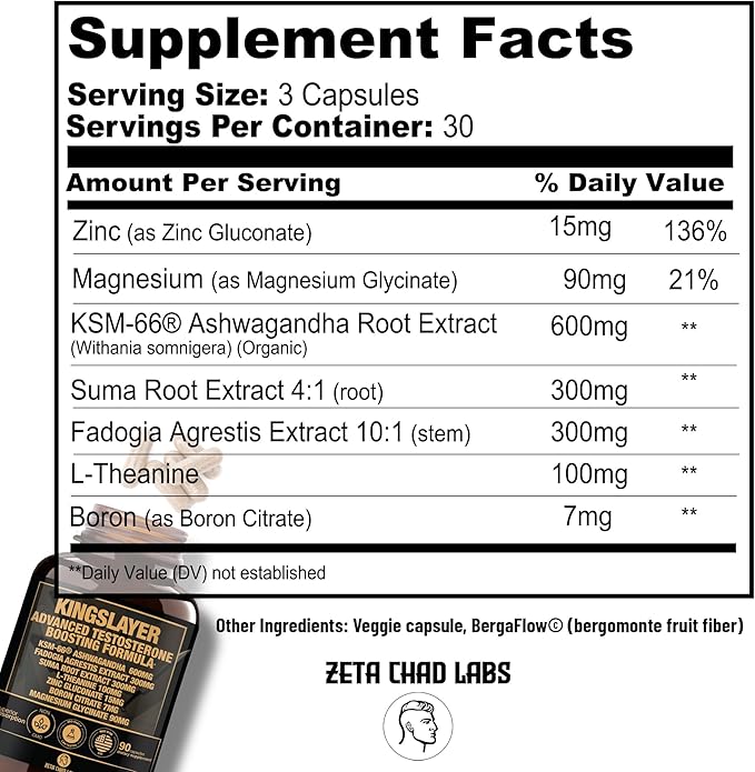 Kingslayer: 7-in-1 Testosterone Booster for Men w/KSM-66, Fadogia, Suma Root, L-Theanine, Zinc, Boron, Magnesium – Muscle, Energy, Libido & Focus