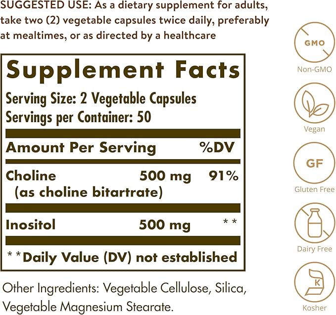 Solgar Choline/Inositol 500 mg/500 mg,100 Vegetable Capsules-Energy Metabolism,Liver Health,Essential for Brain&Nerve Function-Non-GMO,Vegan,Gluten Free,Dairy Free,Kosher-50 Servings,(Pack of 2)