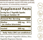 Solgar Choline/Inositol 500 mg/500 mg, 100 Vegetable Capsules - Energy Metabolism, Liver Health, Essential for Brain & Nerve Function - Non-GMO, Vegan, Gluten Free, Dairy Free, Kosher - 50 Servings