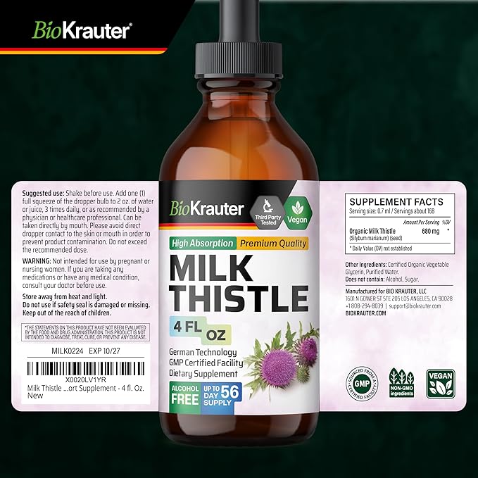 BIO KRAUTER® Milk Thistle Supplement - Liquid Pure Vegan Milk Thistle Extract 680 mg per Serving 4 Fl.Oz 56 Days of Supply - Liver Cleanse & Detox, Сontains Silymarin - Alcohol & Sugar Free