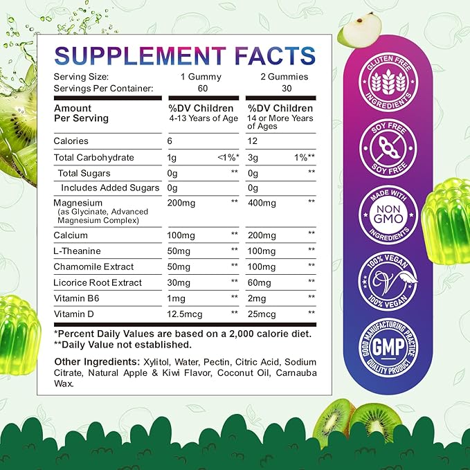 Center-Filled Kids Magnesium Gummies - Magnesium Glycinate Gummies for Kids & Adults with L-Theanine, Chamomile, Licorice, Vitamin D, B6 for Sleep, Relaxation, Brain & Muscle - Sugar Free Apple & Kiwi